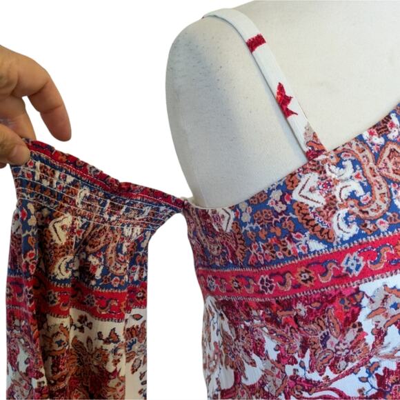 Free People Nomad Dress XS Red Cream One Shoulder Mini Bell Festival Party - Picture 3 of 9